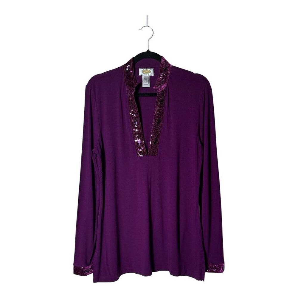 0012. Talbots Vintage Velvet Sequin Long Sleeve‎ Blouse Purple Size M